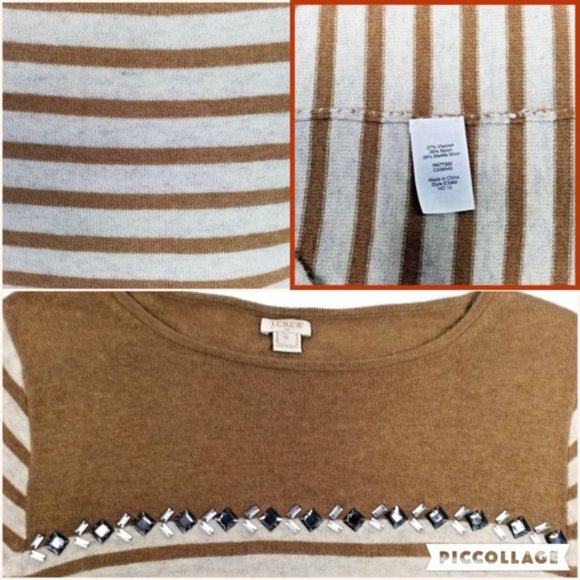 J Crew Factory Breton Tan Cream Stripe Long Sleeve Embellished Sweater Womens XL - Picture 8 of 10